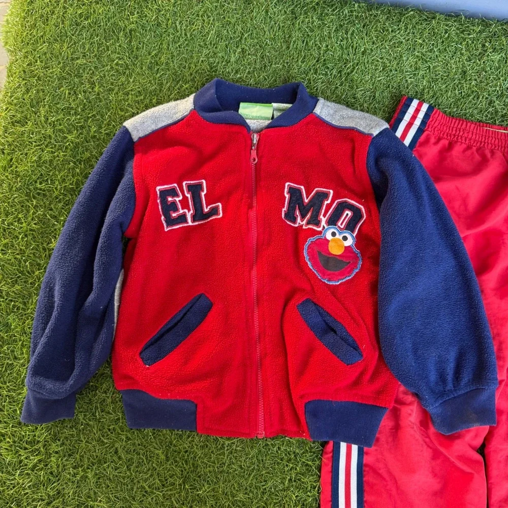 Vtg Sesame Street Elmo Toddler Boys 4T Fleece Varsity Jacket and Track Pants Set